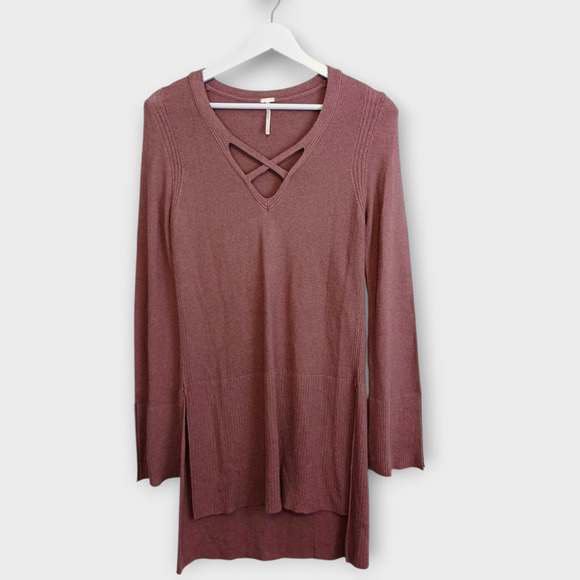 Free People Tunic Womens Small Mauve Crisscross V Neck Hi Low Slits Knit Sweater - Picture 1 of 5